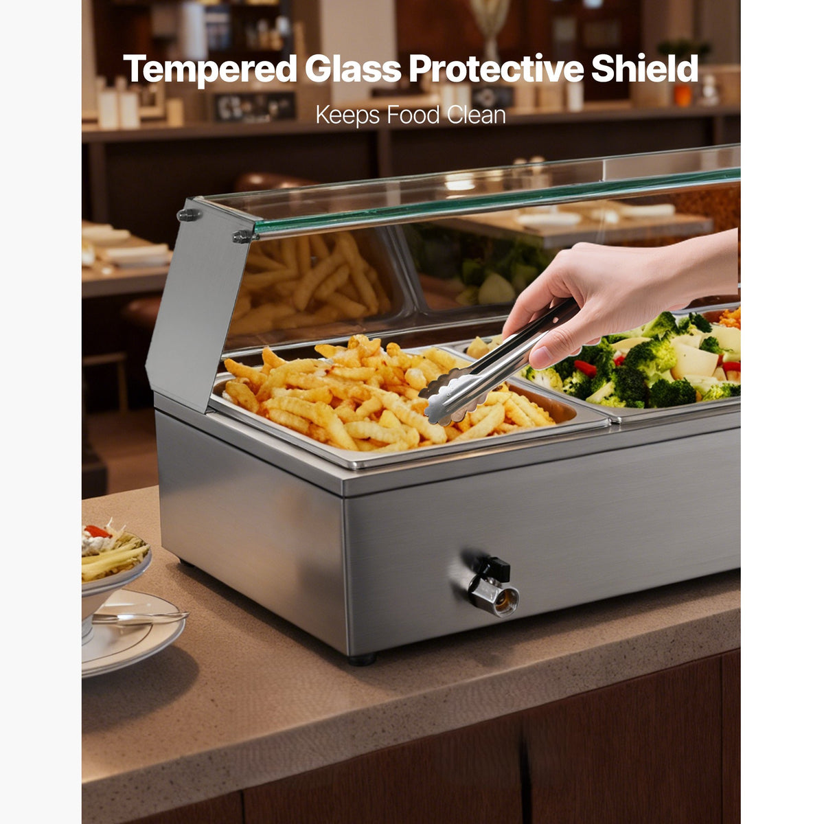 VEVOR Commercial Food Warmer, 1500W Electric Stainless Steel Steam Food Warmer with Glass Cover, Countertop Buffet Bain Marie with Three 1/2 Size / Five 1/2 Size Food Pans, for Catering, Restaurant, Party & Buffets