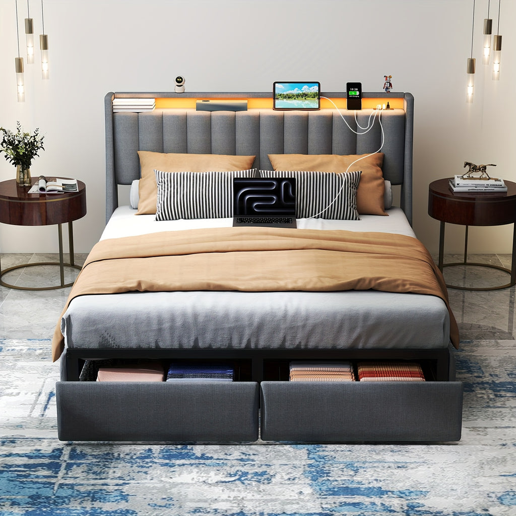 Full Queen King Bed Frame with 2 Storage Drawers And Luxury Wingback Upholstered Button Tufted Storage Headboard, Charging Station, Storage Headboard & LED Lights, Noise-Free-Dark Gray