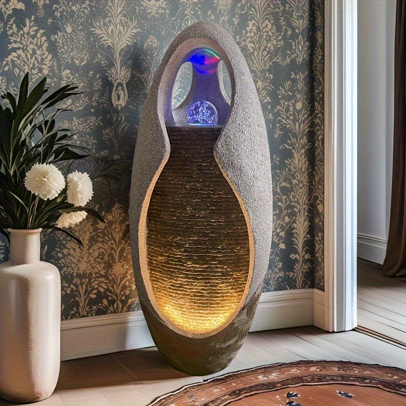 An Indoor Floor Fountain, Standing 27.55 Inches Tall. It's A Home Decor Item, A Large Cobblestone Floor Fountain Ornament, Complete with A Glass Ball And Lighting Features.