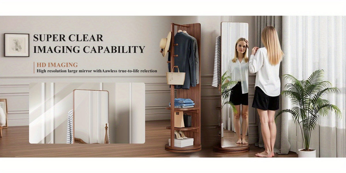 Full Length Mirror with Coat Rack & Storage, 360° Rotating Solid Wood Standing Floor Mirror with Shelves for Bedroom, Entryway, Dressing Room