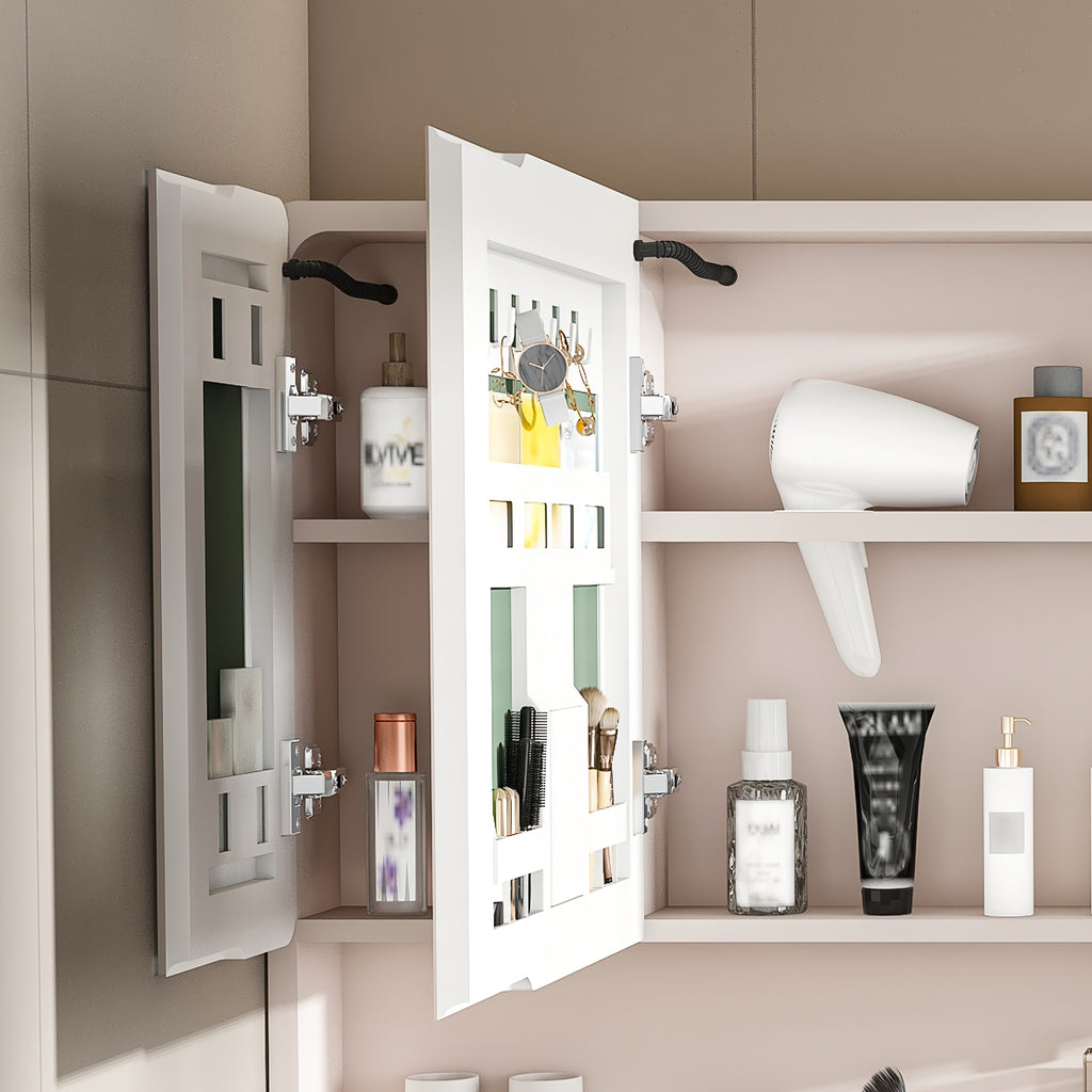 Legend Stone 35"x 28" Aluminum Bathroom Mirror Cabinet with Smart LED Lighting And Defogging, Wall-Mounted Vanity Mirror with Cosmetic Storage Rack And Hair Dryer Holder, Khaki