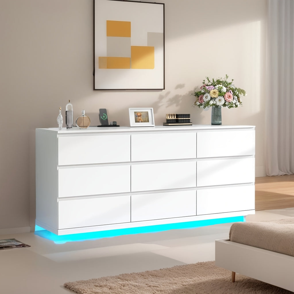 9 Drawer Dresser for Bedroom with Power Outlet & LED Lights, Modern Wide Chest of Drawer, Triple Drawer Dresser Organizer Cabinet for Living Room, Closet and Hallway