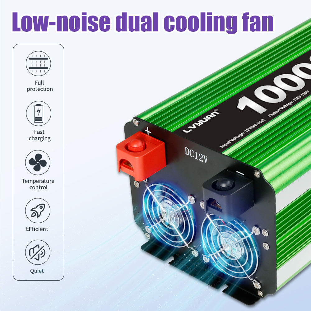Pure Sine Wave Inverter 10000 Watt (Peak) Vehicle Power Inverter, Converts 12 Vdc to 110 Vdc to 120 Vdc, with LCD Display, Remote Control and Troubleshooting, 4 US Sockets for Car Onboard Chargers, for Home Solar Systems, RV's, and Vans, without Batteries