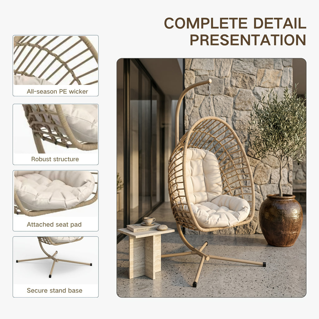 Hanging Egg Chair with Stand Only for Outdoor, Foldable Rattan Wicker Hammock Egg Swing Chair for Porch Patio Garden, 350LBS Capacity, Beige