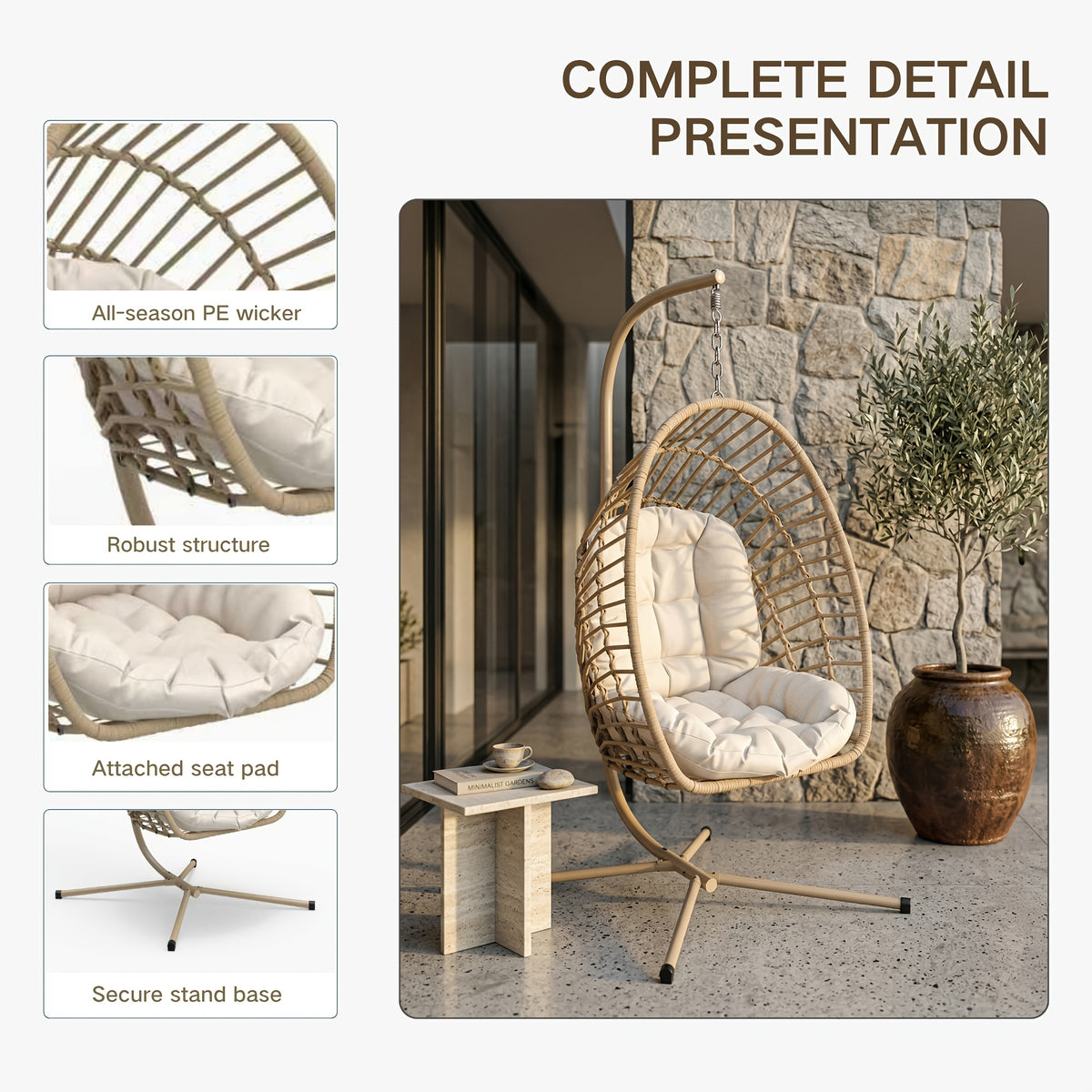 Hanging Egg Chair with Stand Only for Outdoor, Foldable Rattan Wicker Hammock Egg Swing Chair for Porch Patio Garden, 350LBS Capacity, Beige