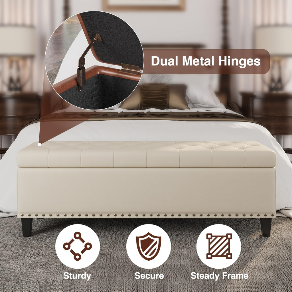 51-Inch Storage Ottoman Bench, Upholstered End of Bed Ottoman Bench with Storage and Seating, Large Faux Leather Bench for Foot Rest in Bedroom, Living Room, Entryway, Hallway