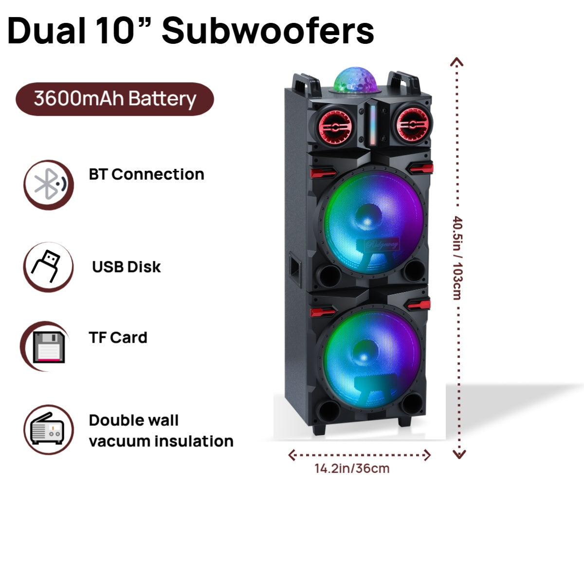 Dual 10" Bluetooth Karaoke Speaker, Portable Subwoofer with Heavy Bass, LED Flashing Lights, Mic & Remote, Multi-Mode (BT/USB/TF/AUX/FM), TWS Pairing, Handle & Wheels for Home, Party, Outdoor Events