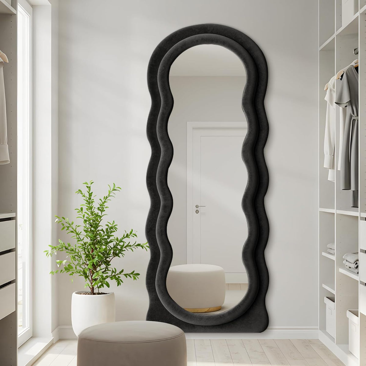 63"x24" Large Arched Full Body Mirror with Hot Pink Flannel Wrapped Frame & Stable Stand - Contemporary Floor Standing or Wall-Mounted/Leaning Mirror for Bedroom, Dressing Room, Entryway - No Electrical Required, Durable Construction