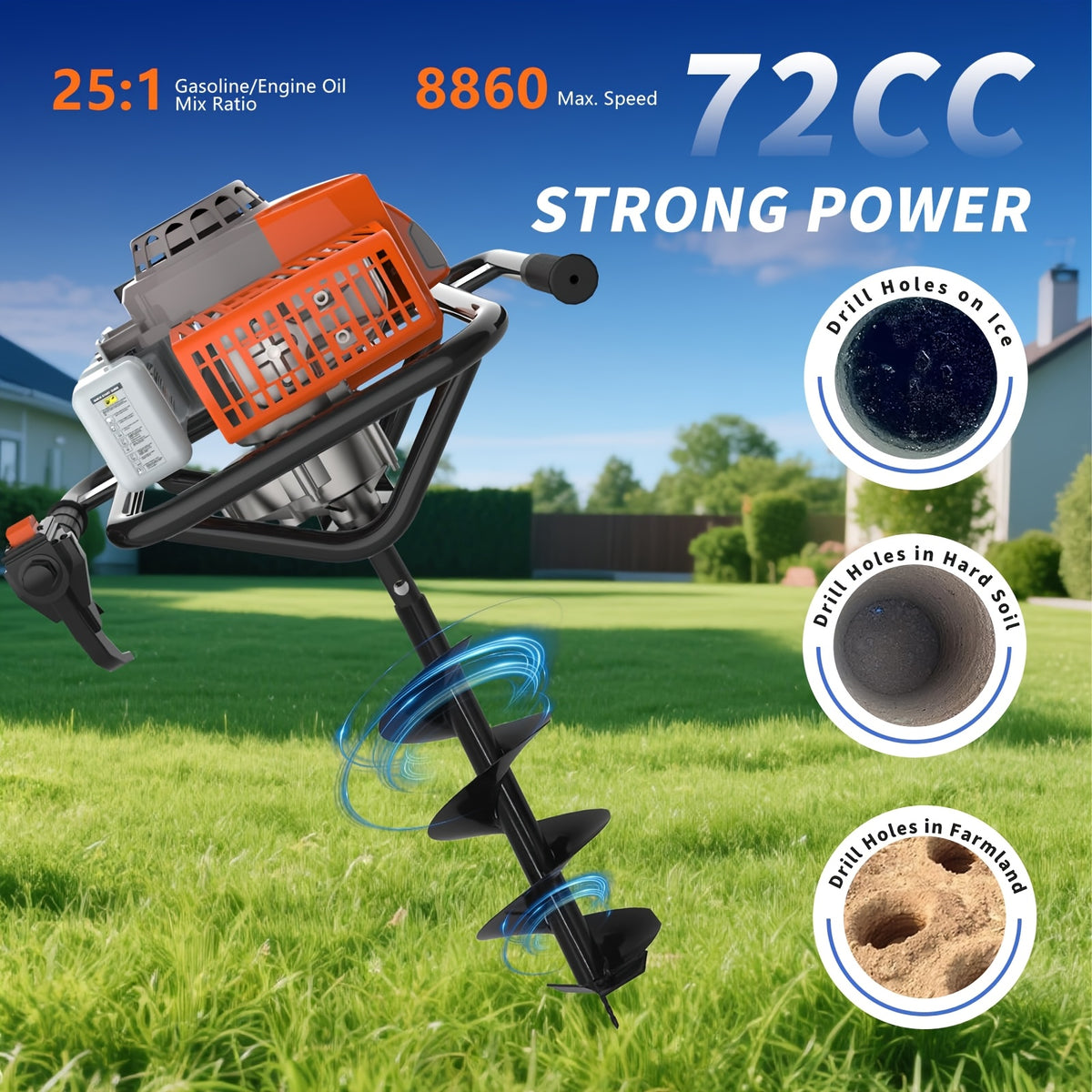 72.8cc 2-Stroke Auger Post Hole Digger | Gas Powered Earth Auger with 2 Extension Rods & 6" & 8" Auger Bits - Ideal for Fencing, Gardening, Construction - Heavy Duty Metal Digging Machine