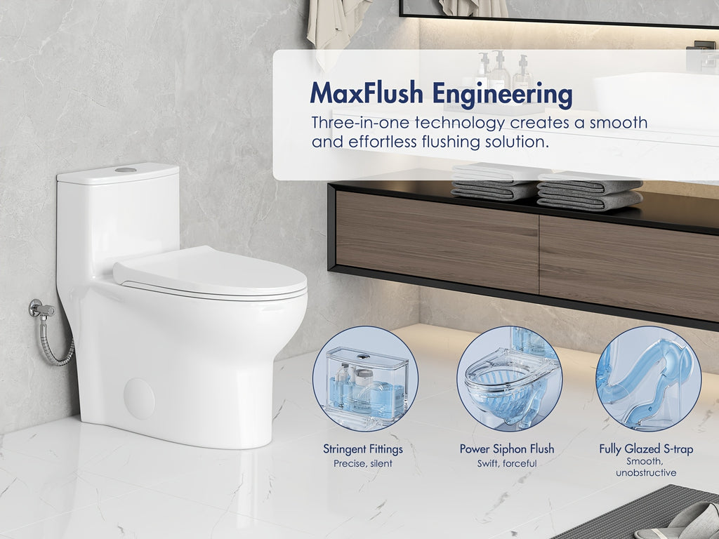 [Compact Dual Flush Toilet] Eridanus Compact Dual Flush Single Unit Toilet, Extended Shape Featuring a 16-3/8" Seat Elevation, Gentle Close Lid, 1.1/1.6 Gallons Per Flush, 12" Rough-In