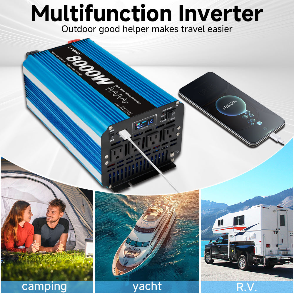 Pure Sine Wave Inverter 8000W (Peak)Car Power Inverter Efficient 12V/24V DC To 110V 120V AC With LCD Display And Remote & Troubleshooting, 4 US Sockets For Vehicles Car Chargers For Home Solar System RV Vans, Without Battery