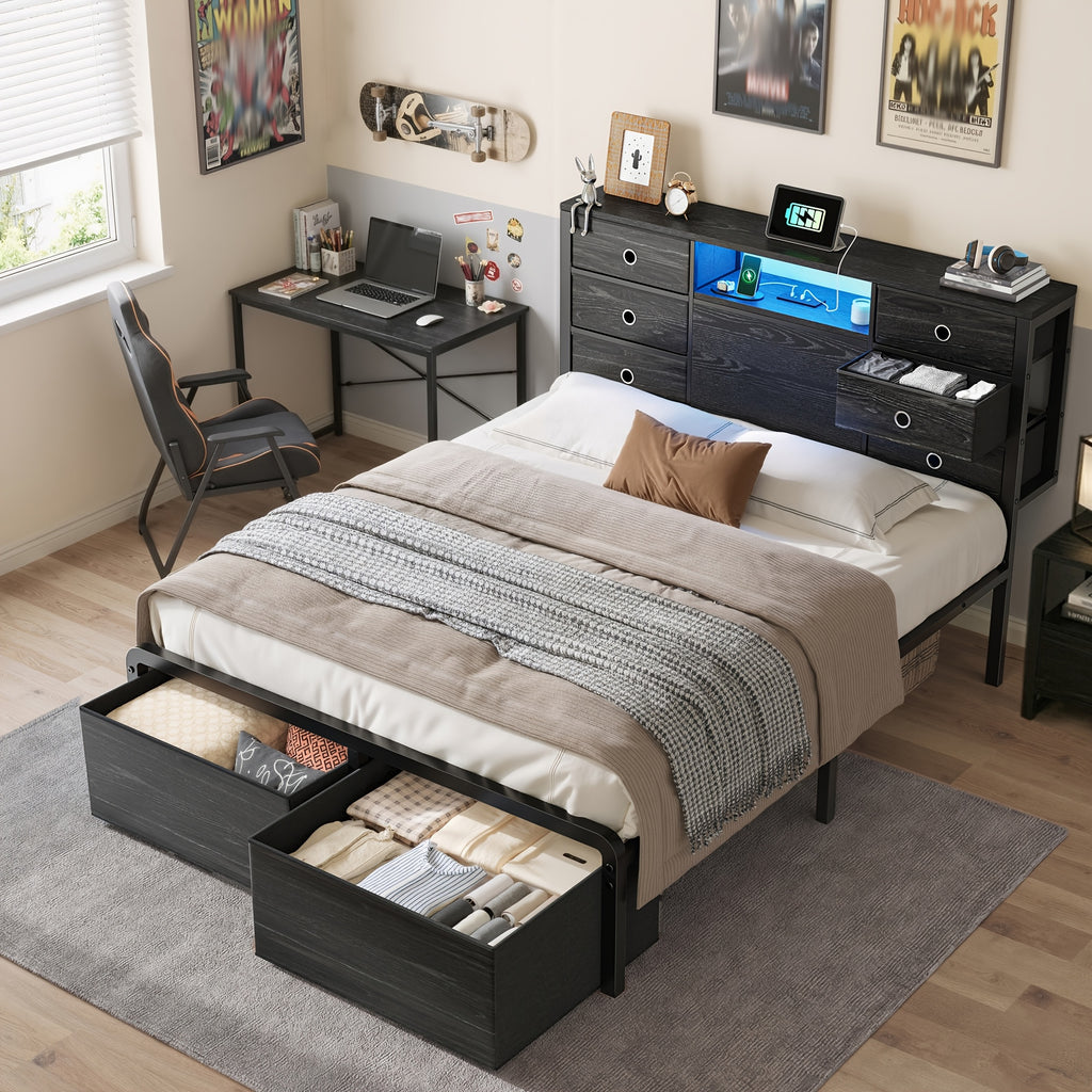 Reinforced Storage Bed Frame, King/Queen/Full with 8/9 Drawers, Headboard Storage, Multi-Color LED Lights & Charging Station, Noiseless & Easy Assembly, Black/Tiger Brown