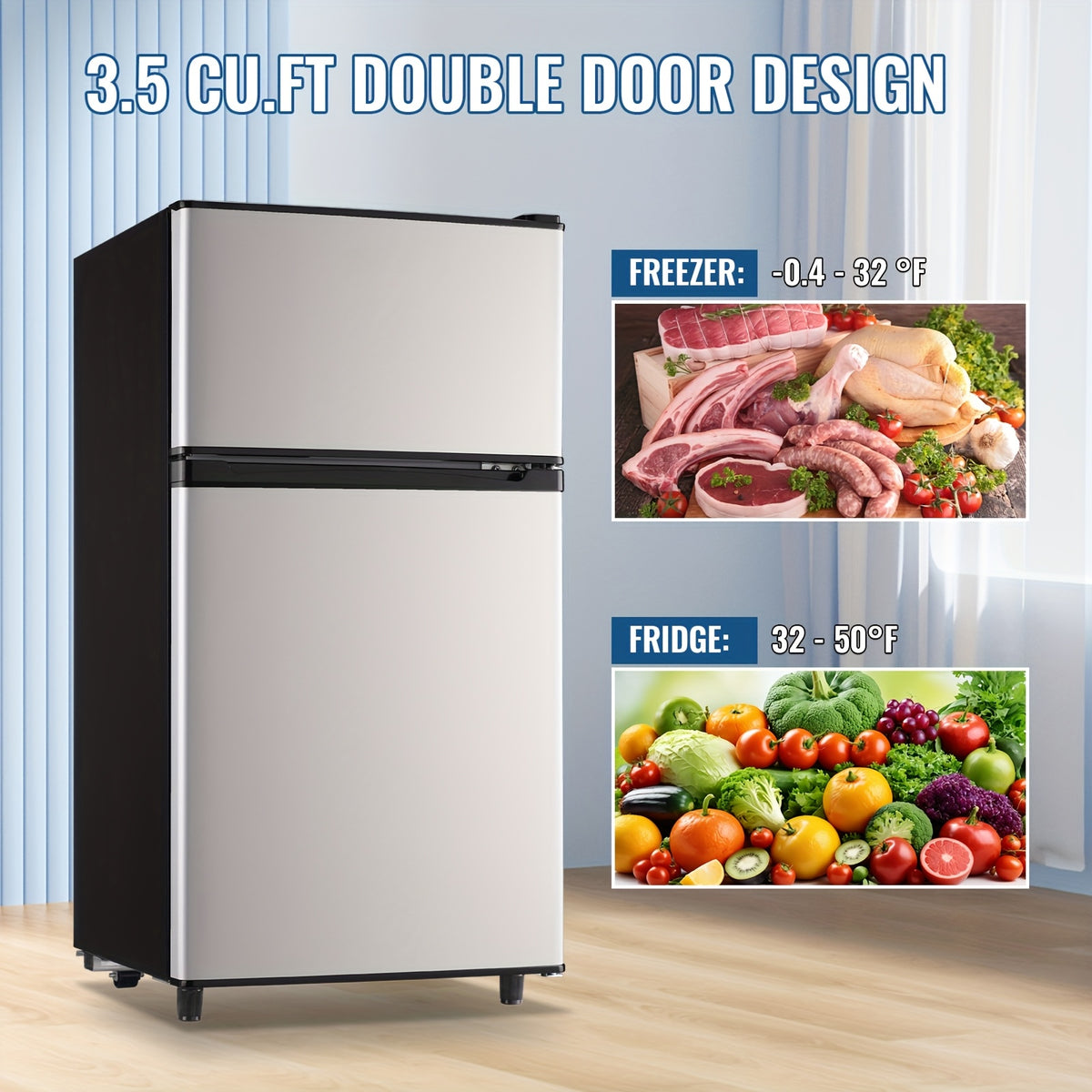5.0/3.5/2.5 Cu.ft Small Fridge with Freezer 2-Door Compact Refrigerator 7-Level Adjustable Thermostat, Removable Shelves and Bakset, Perfect for Dorm, Office, RV, Bedroom, Silvery
