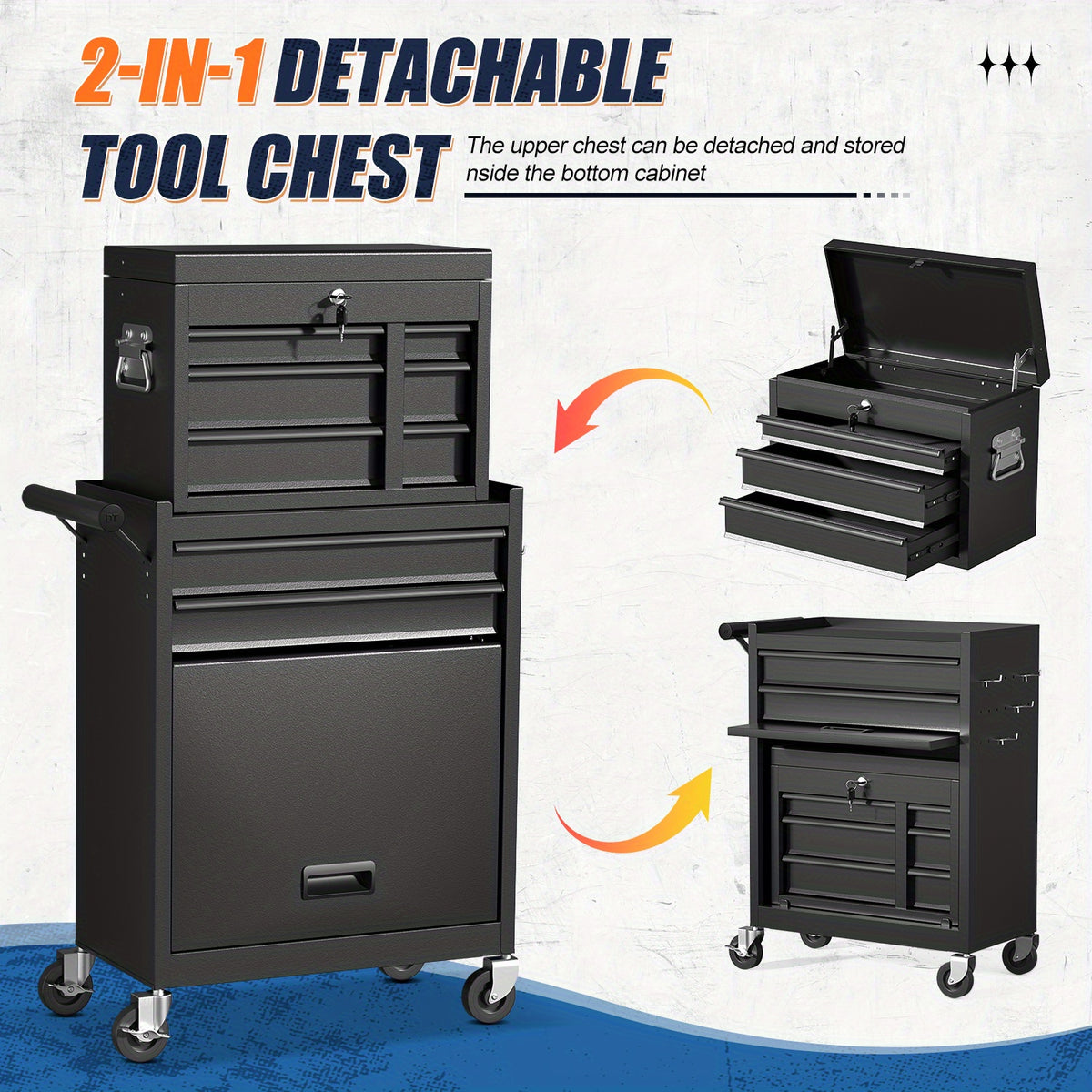 10-Drawer Rolling Tool Chest On Wheels, 2-in-1 Lockable Tool Chest with Drawers, Removable Top Cabinet And Storage Cart, Steel Tool Cart with Lining And Hooks