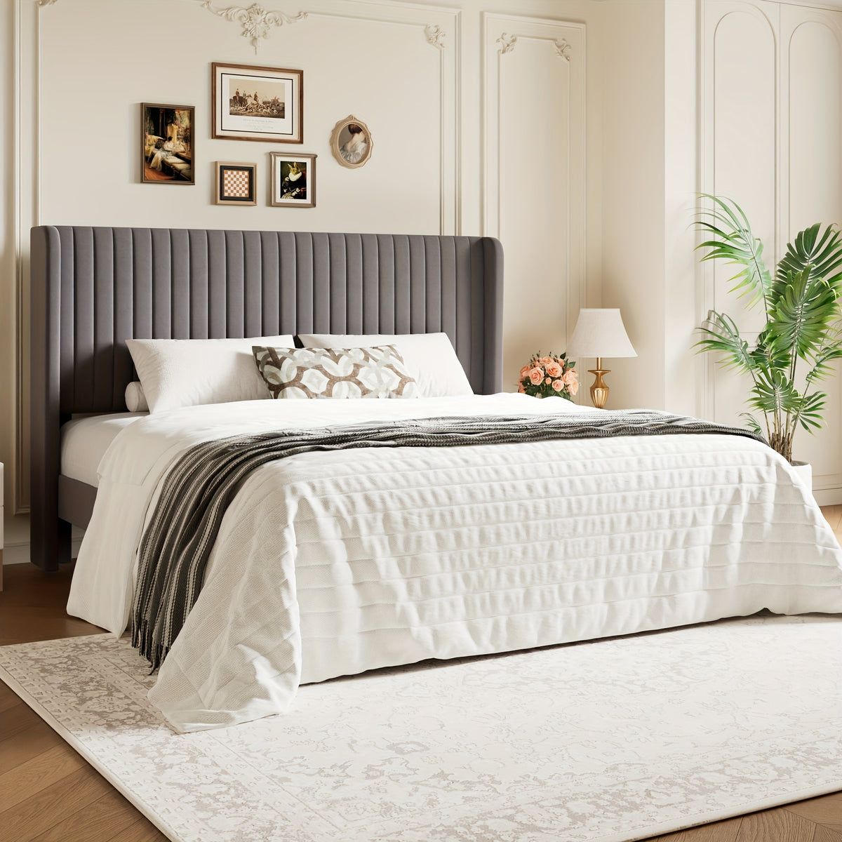 WEEWAY Wingback Velvet Upholstered Platform Bed Frame, Vertical Channel Tufted Headboard, Wooden Slats Support, Heavy Duty Mattress Foundation, No Box Spring Needed, Easy Assembly, Avabliable Full/Queen/King Size, Free Shipping