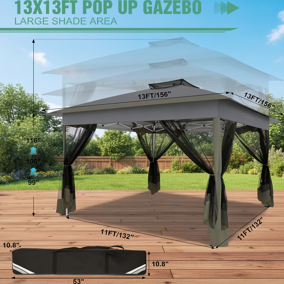 12x12ft/13x13ft Pop-Up Gazebo, Canopy with 4 Removable Mosquito Nets, Includes 4 Sandbags And Carry Bag, 3 Height Adjustments, Outdoor UV-Protective Gazebo, Easy to Carry And Set Up, Ideal for Gardens, Lawns, Parties, Camping, Fairs, Outdoor Events