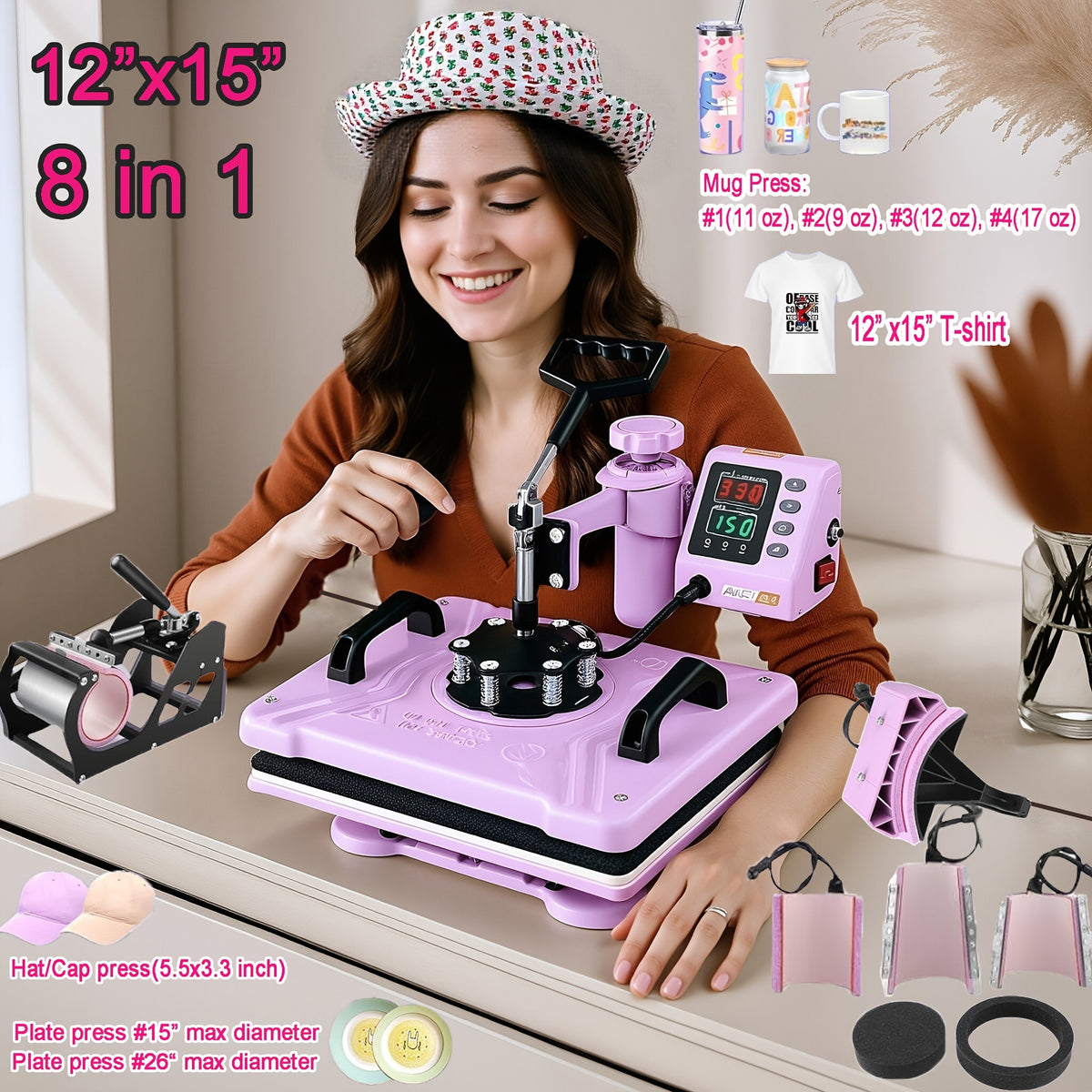 15"x15"/12"x15" - 8-in-1/5-in-1 Heat Press Machine Combo, Rotatable Design, Multi-Size Transfer Sublimation Combo, Suitable for T-shirts, Bags, Pillows, Hats, Beanies, Rollers - The 3-in-1 Automatic Hat Heat Press Can Only Press Hats