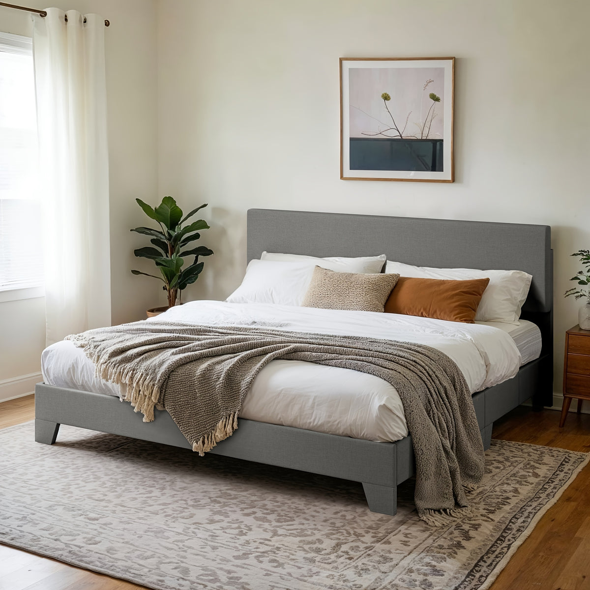 HOOMIC Upholstered Platform Bed in Full, Queen, Or King Sizes with an Adjustable Headboard, Sturdy Wooden Frame, Easy Assembly, No Box Spring Required, Available in 5 Colors: Beige, Dark Grey, Light Grey, Black, White