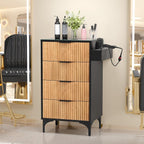Salon Station, Barber Station for Hair Stylist, Storage Cabinet with Glass Top & Drawers & Heat Resistant Dryer Holders, Modern Retro Style for Beauty Salon, White/ Black