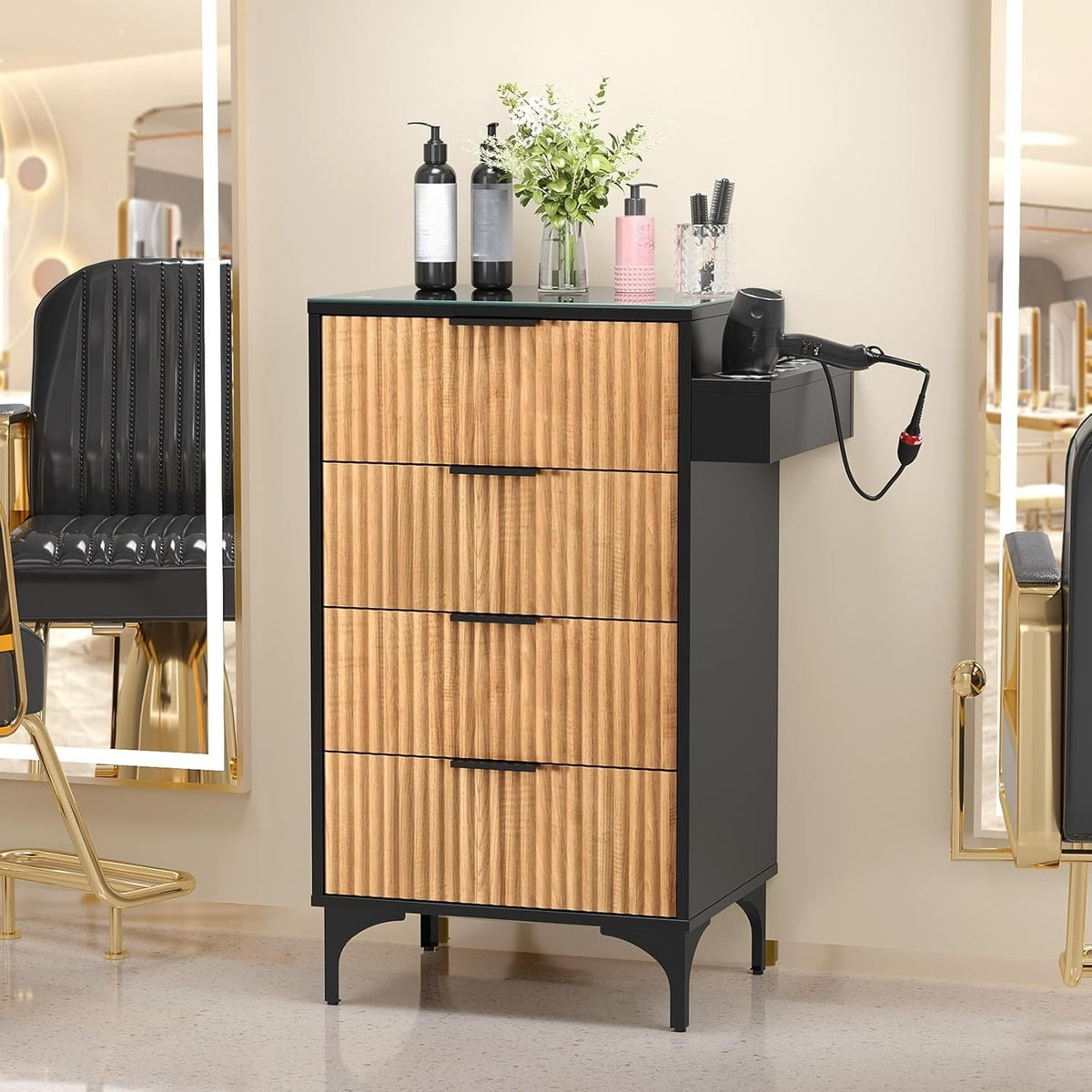 Salon Station, Barber Station for Hair Stylist, Storage Cabinet with Glass Top & Drawers & Heat Resistant Dryer Holders, Modern Retro Style for Beauty Salon, White/ Black