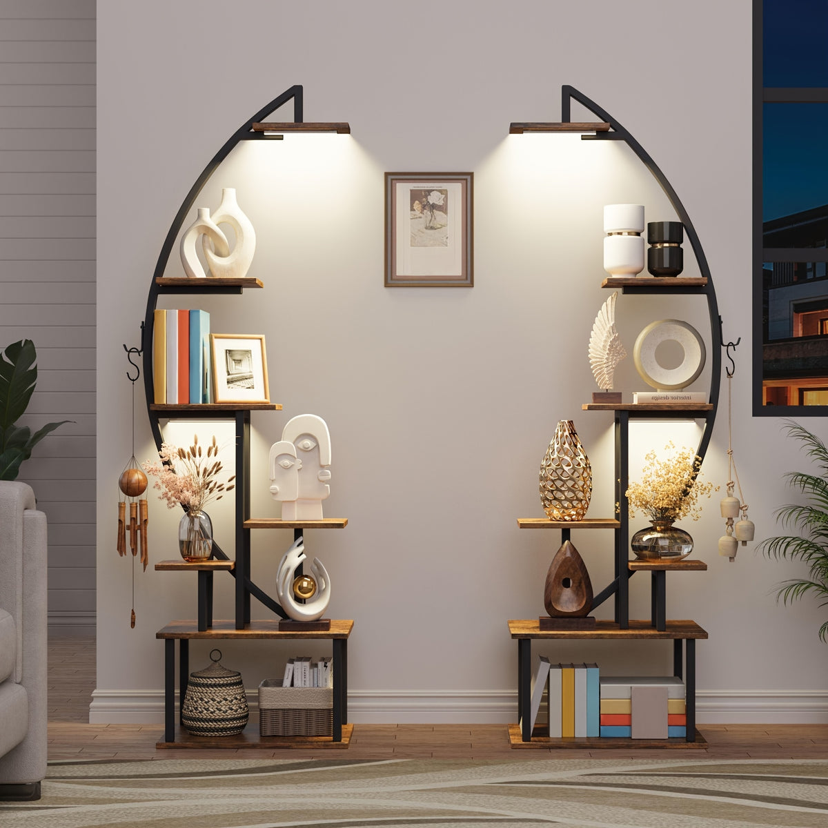 2pcs Bookshelf with Lights, 7 Tiered 65' Multi-Functional Metal Black And Brown Shelving Unit Wooden Bookcase for Books Handicraft Decorations Frames Multiple