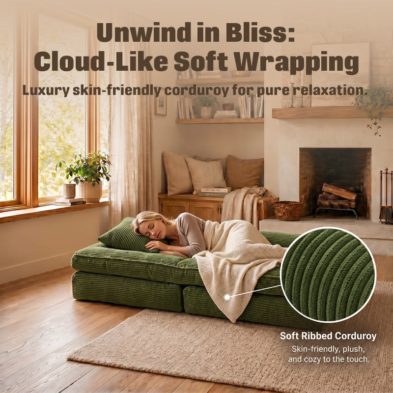 3-in-1 Convertible Folding Sofa Bed, Floor Futon Couch Cloud Shaped Corduroy Upholstered, High-Density Foam Ultra-Soft Comfy Lounge Bean Bag Chair, Versatile Pull-Out Sleeper for Living Room Guest
