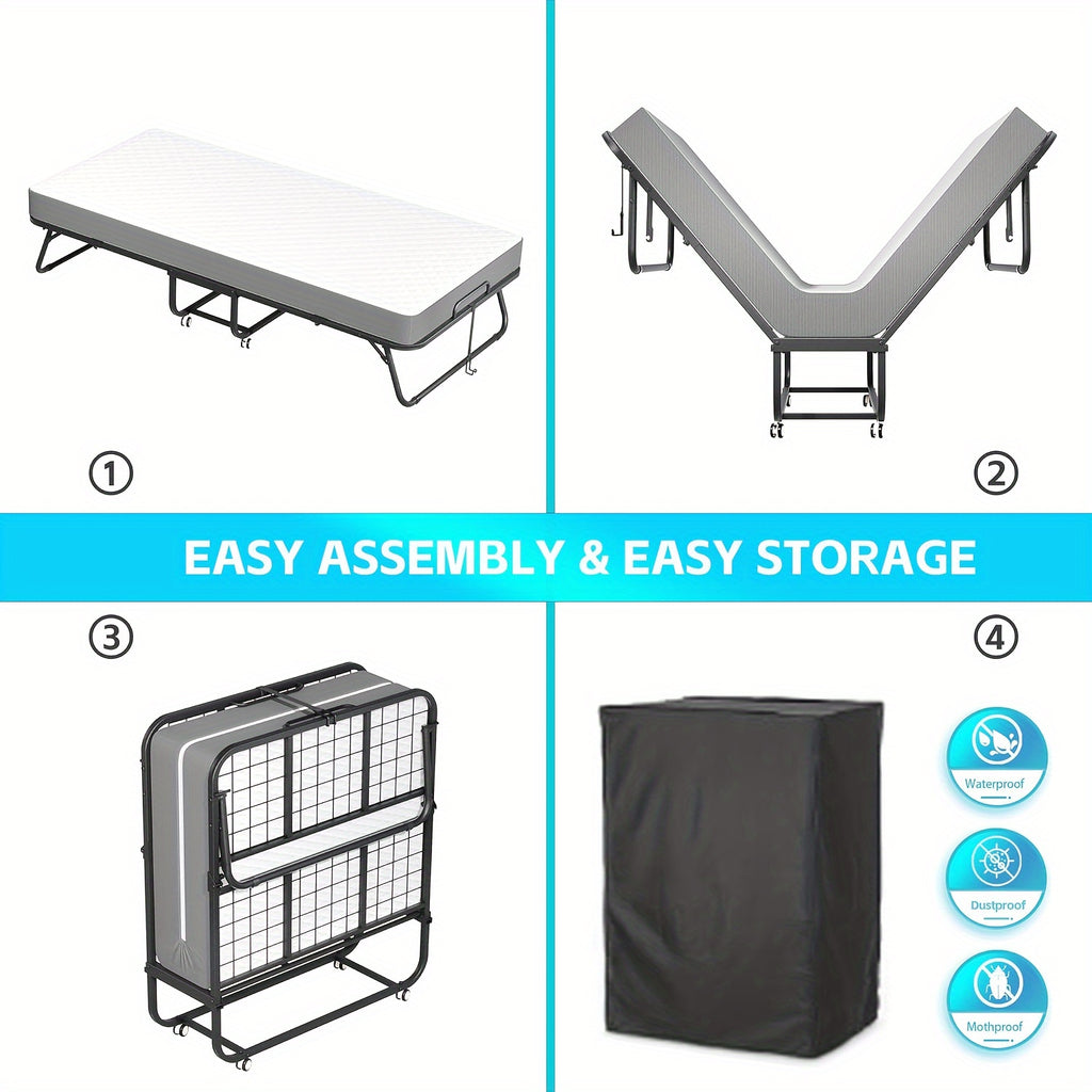 Folding Bed with Mattress, 75" X 31" Roll Away Beds for Adults, Metal Frame Fold Up Beds with Memory Foam Mattress, Guest Bed
