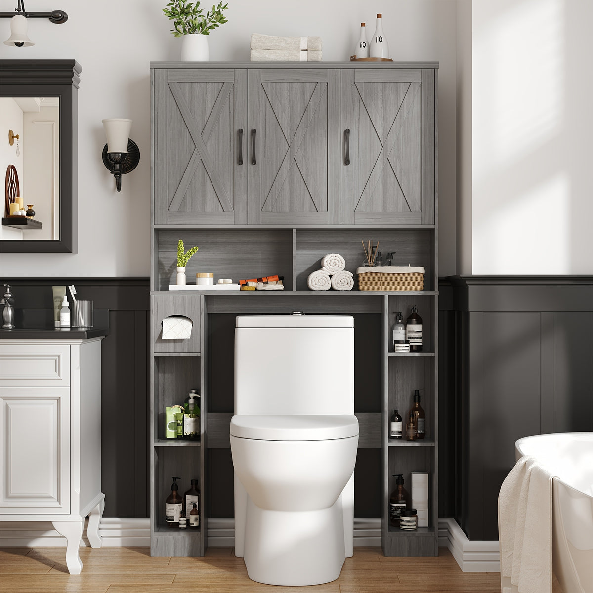 Over-The-Toilet Storage Cabinet with 3 Barn Doors - Farmhouse -Standing Bathroom Organizer, Space-Saving Suitable for Bathroom, Restroom, Laundry Room, Shelves, Toilet Paper Holder & Towel Rack, Assembly Required ( Color:)