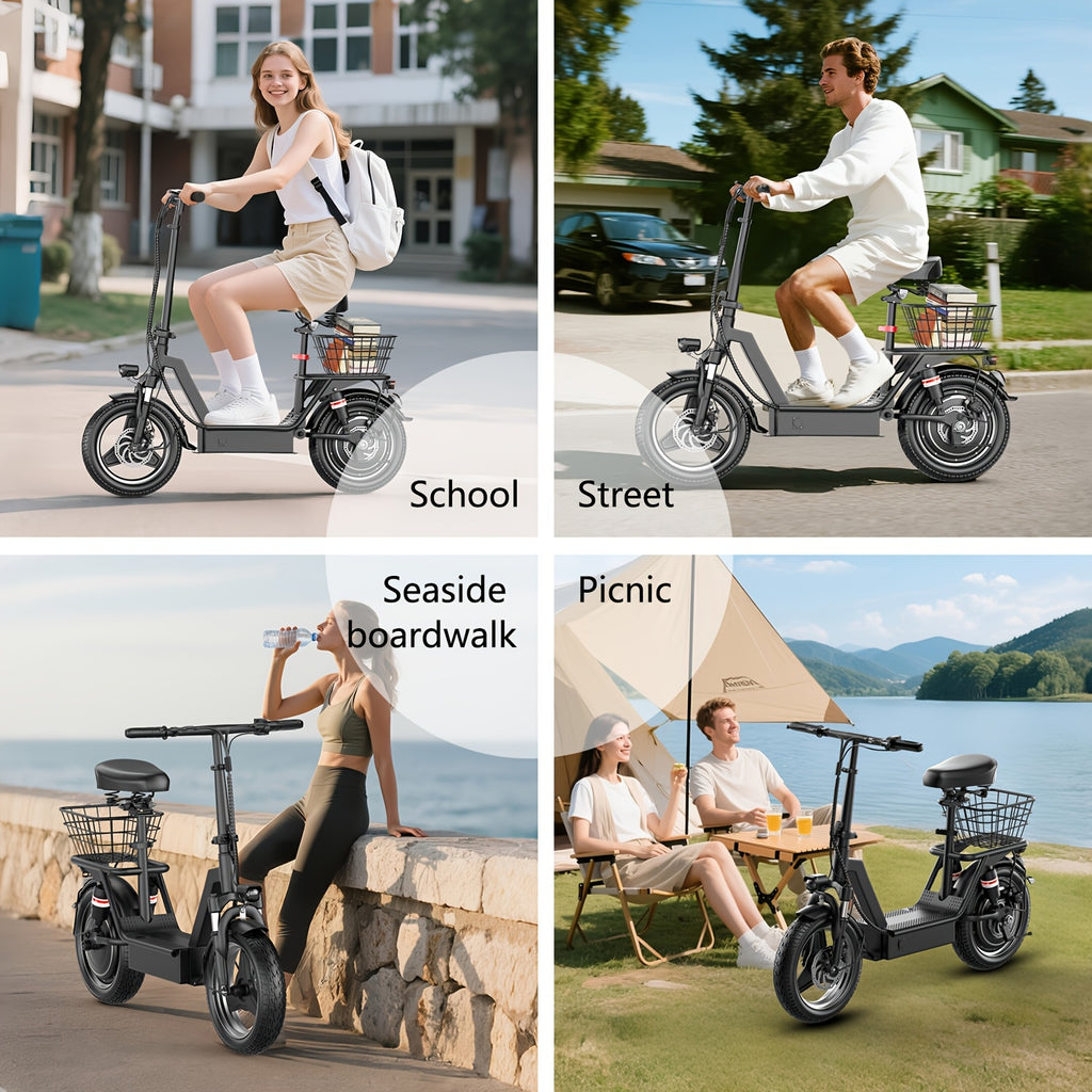 749W Electric Scooter with Seat, 48V 15AH Large-Capacity Battery, 35-mile Long Range & 19.9 MPH Speed, 14" Pneumatic Tire, Height-Adjustable Seat & Handlebar, Dual-Suspension Commuting Scooter with Basket