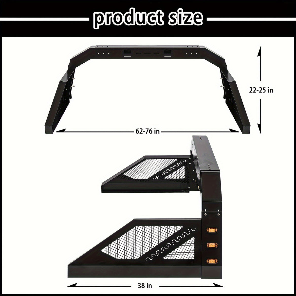 Truck Roll Bar Chase Rack Universal Compatible With Pickup, 6 Amber Auxiliary Side Marker Lamps, Adjustable Sport Roll Bar No Drilling Fine Textured Black