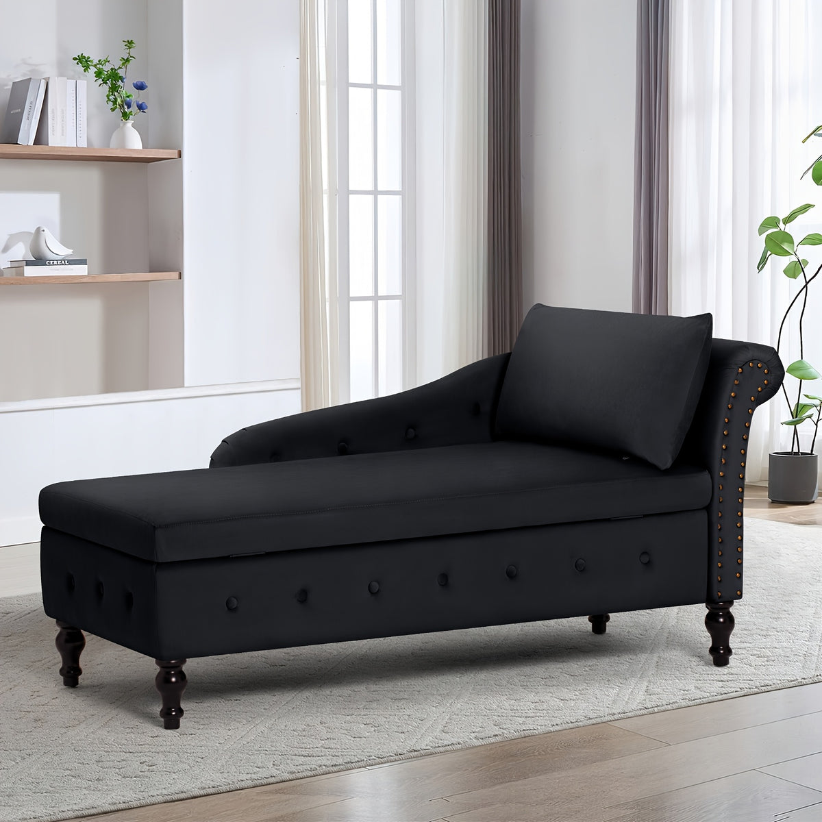 ACMEASE 57" Velvet Upholstered Storage Chaise Lounge With Pillow, Nailhead Trim Chaise Sofa For Living Room