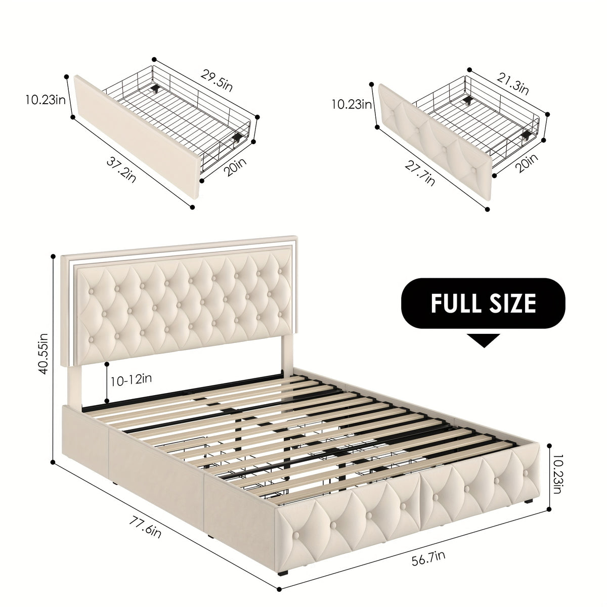 Full/Queen/King Size Modern Bed Frame with LED Headboard & 4 Storage Drawers - Upholstered Platform Bed, Button Tufted Headboard Suitable for Beige/White/Black - Assembly, No Box Spring Needed, Wood-Free
