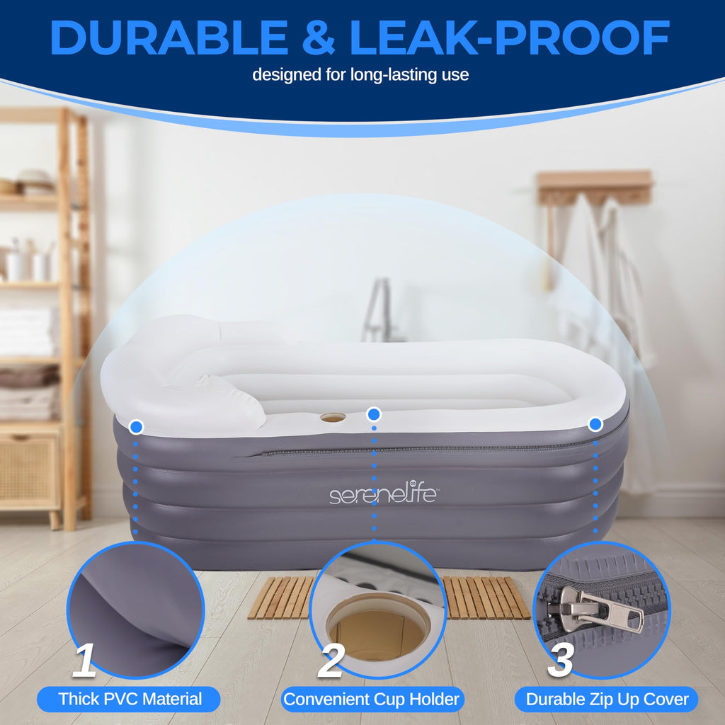 SereneLife Inflatable Bathtub with Bubble Massage Mat, Matching Inflatable Pillow, Cup Holder, and Remote Control for Body and Spa