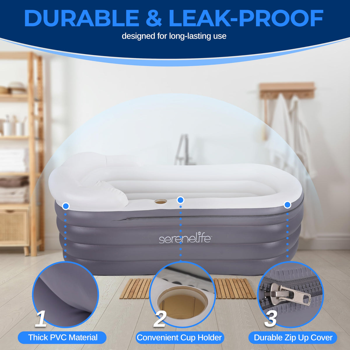 SereneLife Inflatable Bathtub with Bubble Massage Mat, Matching Inflatable Pillow, Cup Holder, and Remote Control for Body and Spa