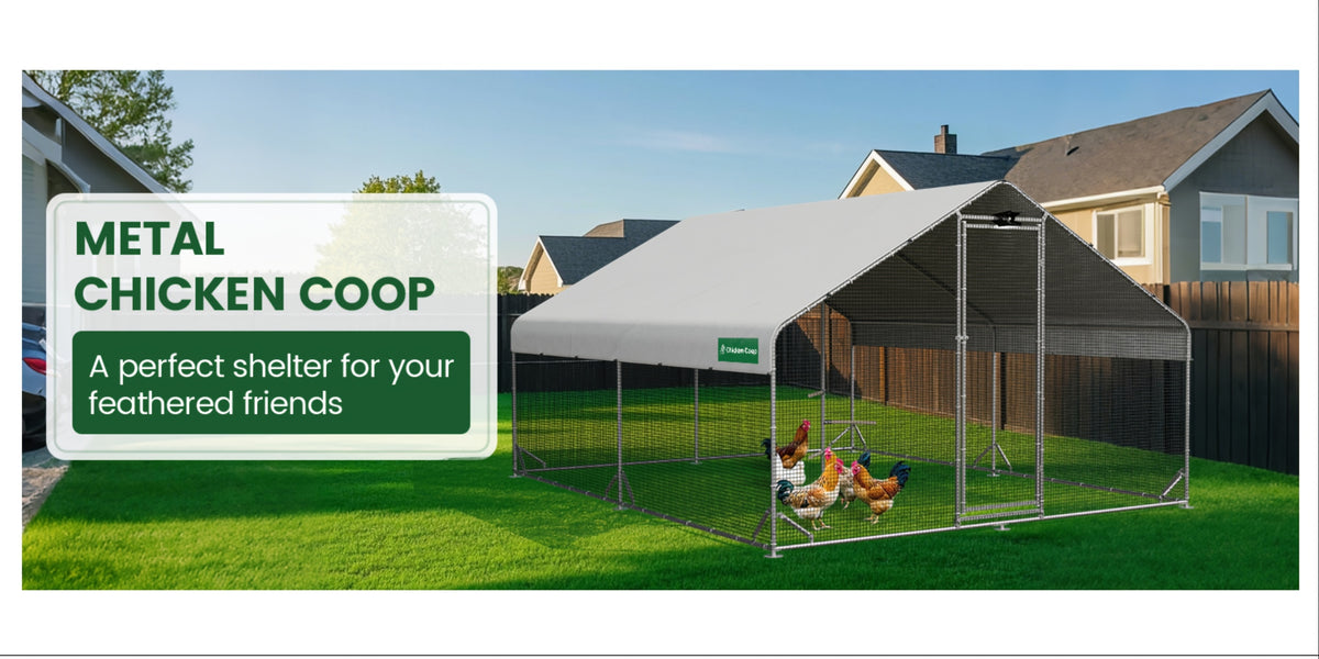 Large Walk-in Metal Chicken Coop with Chicken Run & Hardware Cloth, Solar Light, UV-Resistant Cover, Outdoor Poultry Cage for Farm Use