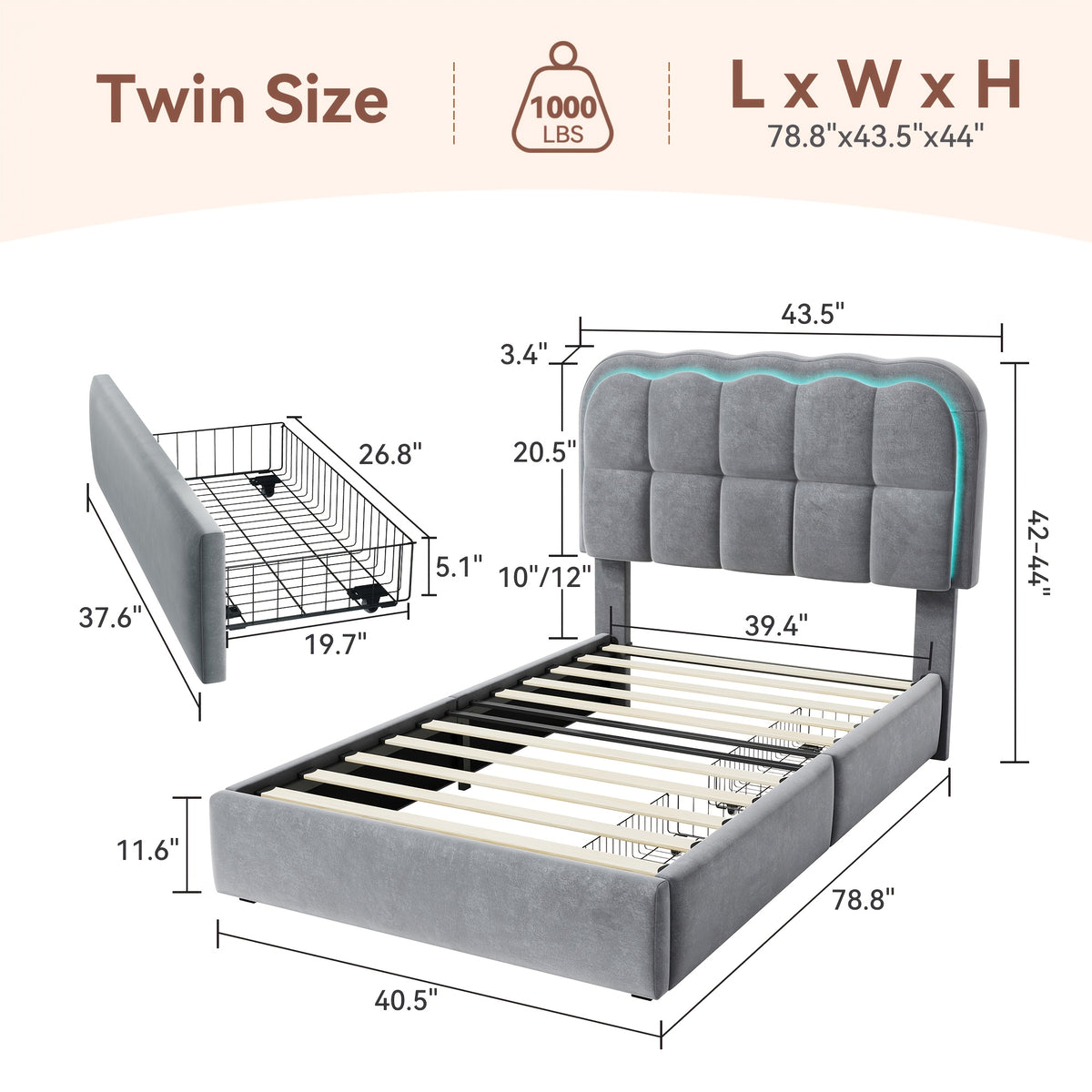 MRAEER Twin/Full/Queen Bed Frame | LED Lighting, 2/4 Storage Drawers, Cloud-Style Soft Headboard, Velvet Modern Platform Bed, Mattress Not Required, Halloween/Christmas Gift, White/Pink/Grey, Hardwood and Metal Construction