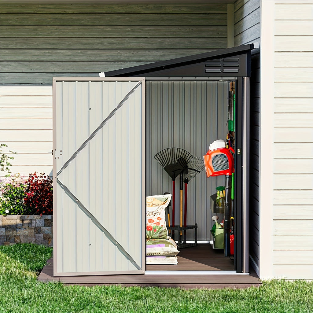 6' X 4' Metal Lean-to Storage Shed, Outdoor Side Storage Cabinet for Patio, Garden, And Lawn (Brown)