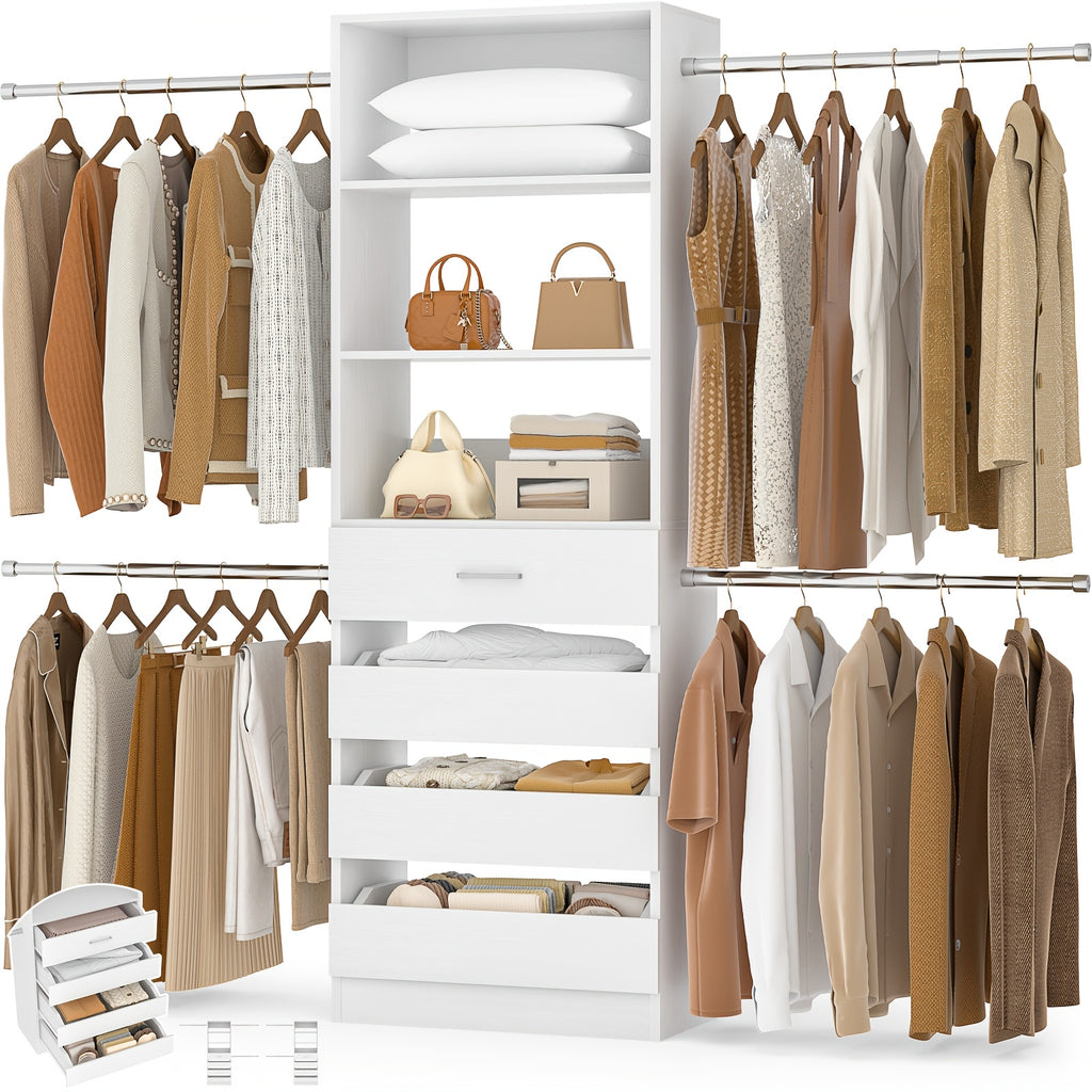 Closet System, Closet Organizer System with 4 Wooden Drawers, Walk-in Closet Wardrobe Clothes Rack with 4 Hanging Rods, Fit for 4-9ft Space, Garment Rack, White, Mounted Closet Systems