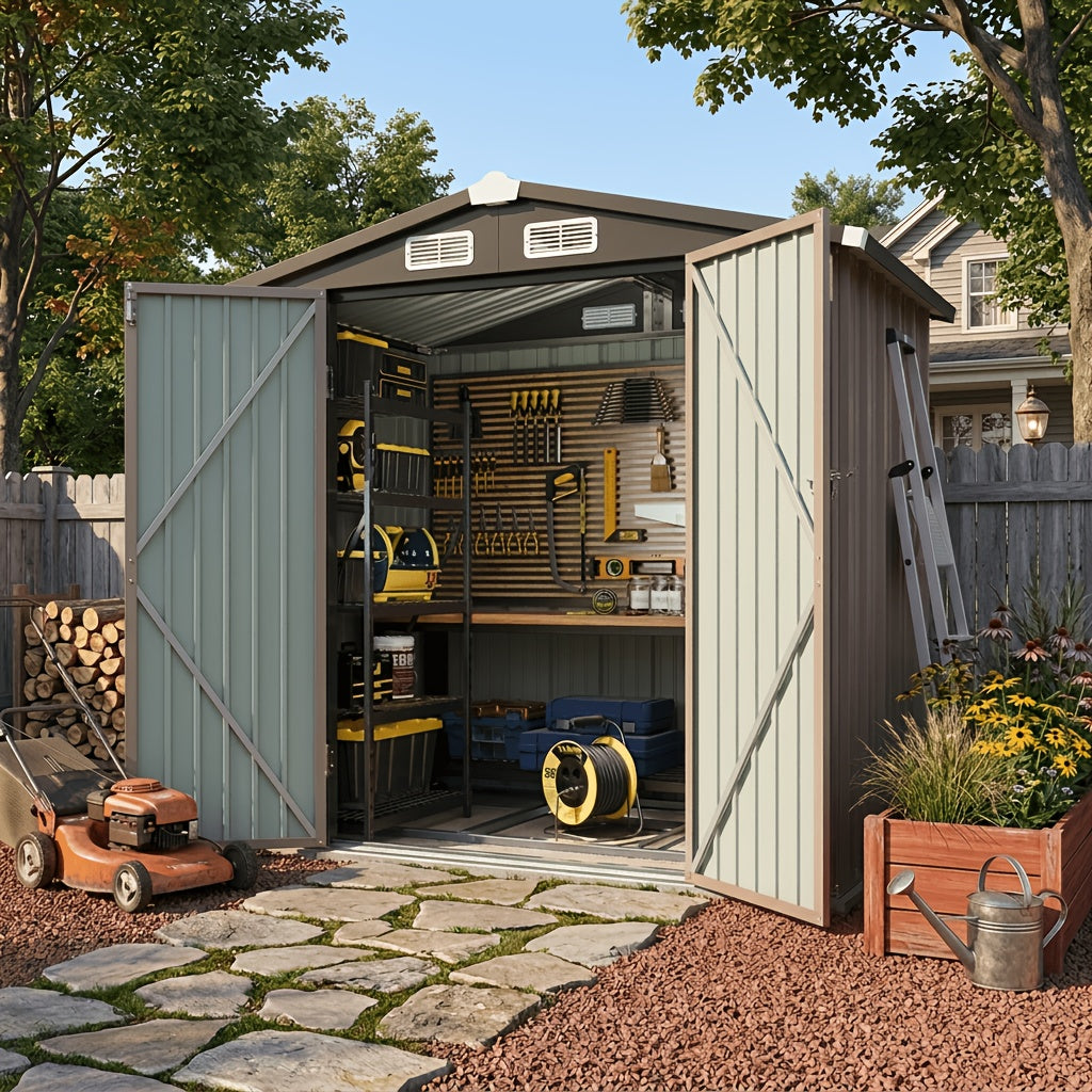 [Outdoor Storage Shed] ULSMVOC 6X4 FT Outdoor Storage Shed, Garden Tool Storage Shed With Sloping Roof And Double Lockable Door, Outdoor Shed For Garden Backyard Patio Lawn, Brown
