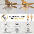 Crystal Ceiling Fan Fandelier with Lights - Modern Outdoor Fans with Remote Control, Noiseless AC Motor, Retro/Farmhouse Lighting, Dining Room, Living Room (52"