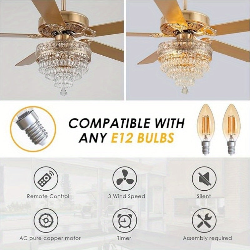Crystal Ceiling Fan Fandelier with Lights - Modern Outdoor Fans with Remote Control, Noiseless AC Motor, Retro/Farmhouse Lighting, Dining Room, Living Room (52"
