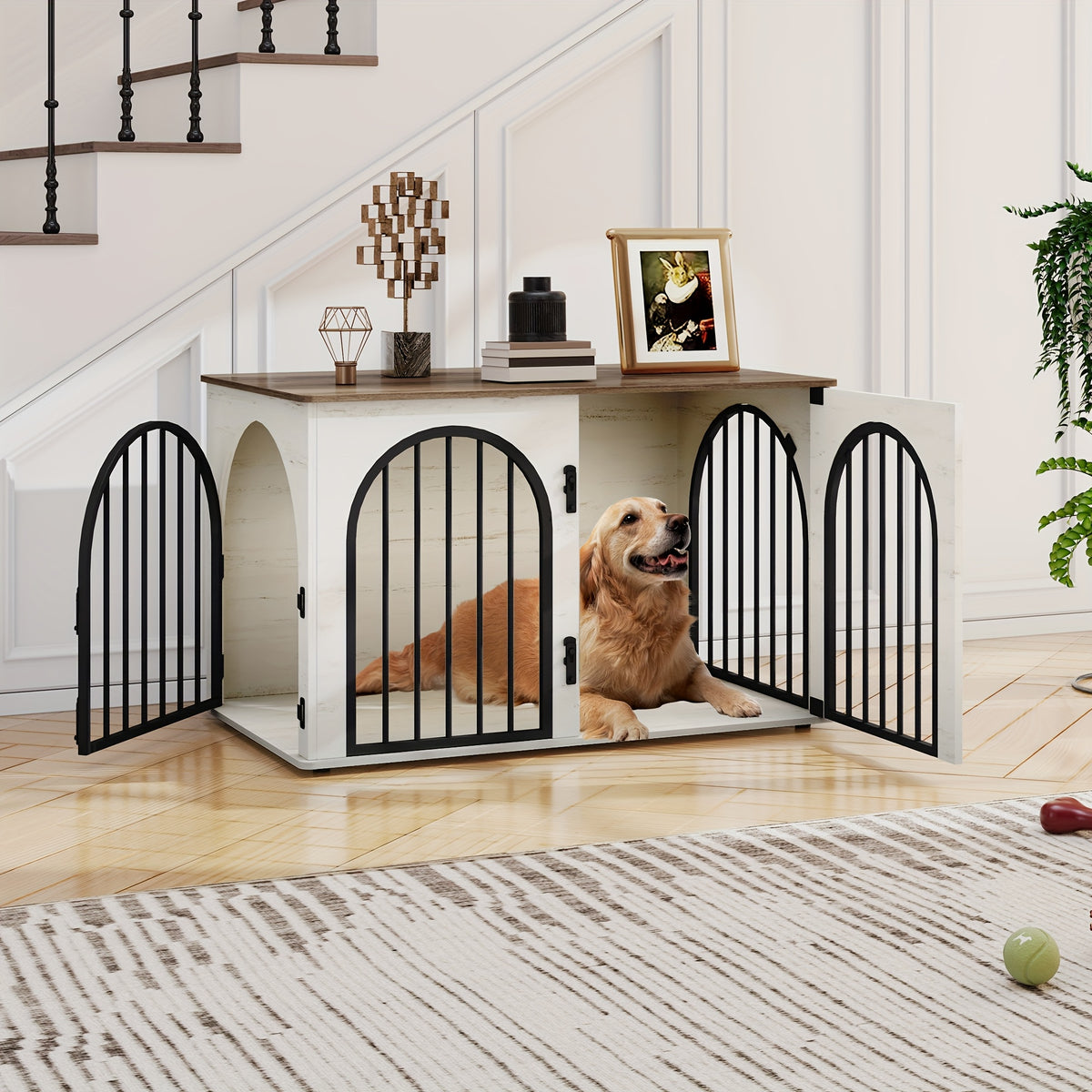 39.4'' Dog Crate Furniture - Dog Kennel Indoor Arched Door Design, Wooden Dog Crate Furniture For Small/Medium/Large Dog, Side Table, TV Stand, Anti-Chew, Anti-Escape - Rustic Brown, Black Gold, Greige Black, White Brown - For Dog Owners - Provides Safe &