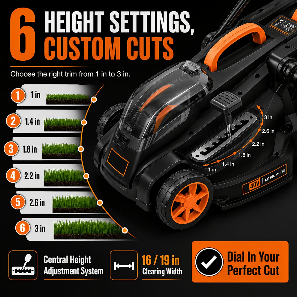 40V 16" Cordless Lawn Mower W/ 4.0Ah Battery, Brushless Motor, 6 Position Height Adjustment Electric Lawn Mower, Single-Lever Height Adjustment, 2-in-1 Mulch & Bag, Foldable Handle for Easy Storage