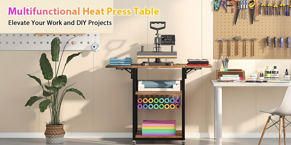 VISOUD 3-Tier Foldable Heat Press Machine Table, Portable Metal Stand with Vinyl Reel Holder, Heavy-Duty for DIY Sublimation Printer, White - Crafts, Crafts & Sewing Supplies, Heat Press Machine Accessories