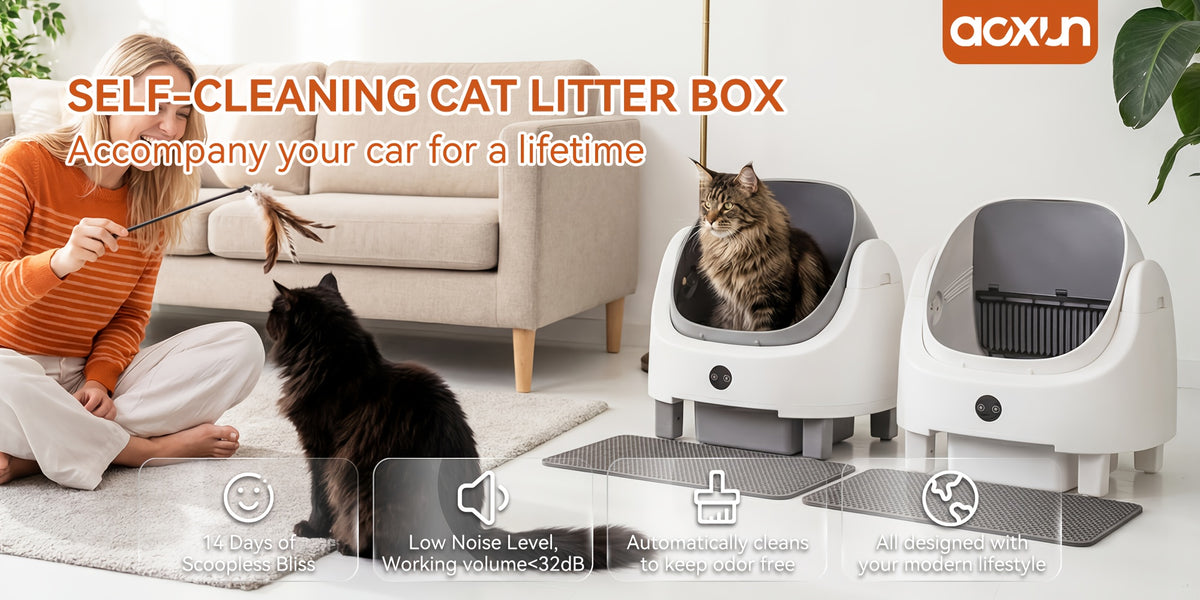 Aoxun Automatic Self-Cleaning Cat Litter Box for Multiple Cats - Large Robot-Style Litter Box with Smart Sensor, Open-Top Design & 360° Safety Protection, Odor-Free Auto Scooper for Indoor Cats, Without Battery
