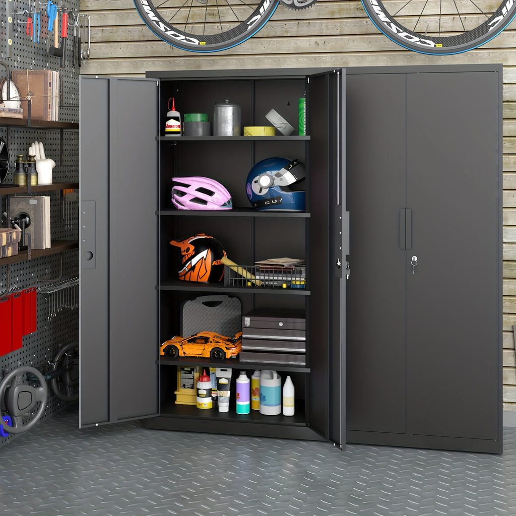[Metal Storage Cabinet] 71"/72" Office Storage Lockers Metal Garage Storage Cabinet, Steel Locking Storage Cabinet With 2 Doors And 4 Adjustable Shelves For Home Office, Heavy Duty Metal Storage Cabinet For Warehouse, Kitchen, Garage, Black/White