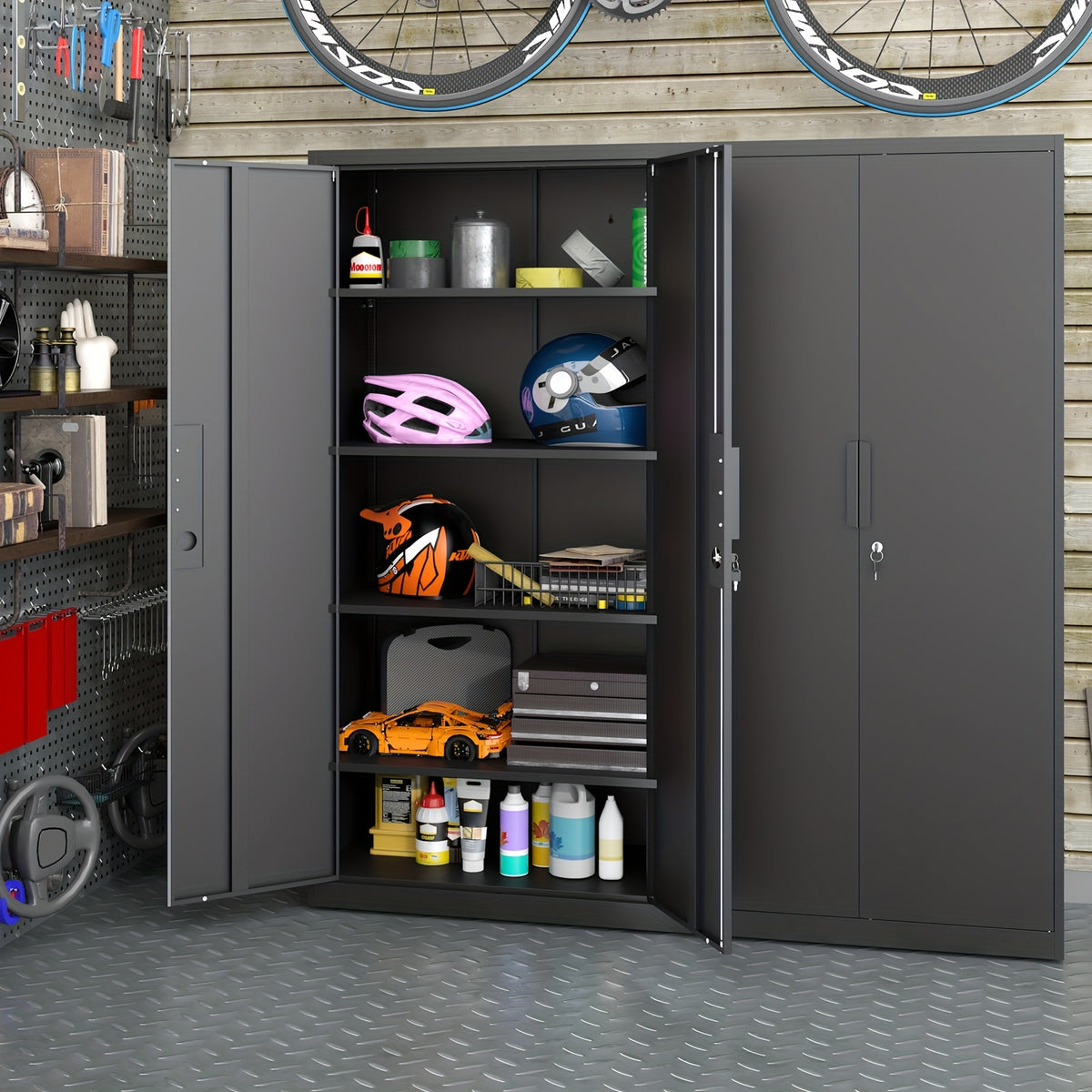 [Metal Storage Cabinet] 71"/72" Office Storage Lockers Metal Garage Storage Cabinet, Steel Locking Storage Cabinet With 2 Doors And 4 Adjustable Shelves For Home Office, Heavy Duty Metal Storage Cabinet For Warehouse, Kitchen, Garage, Black/White