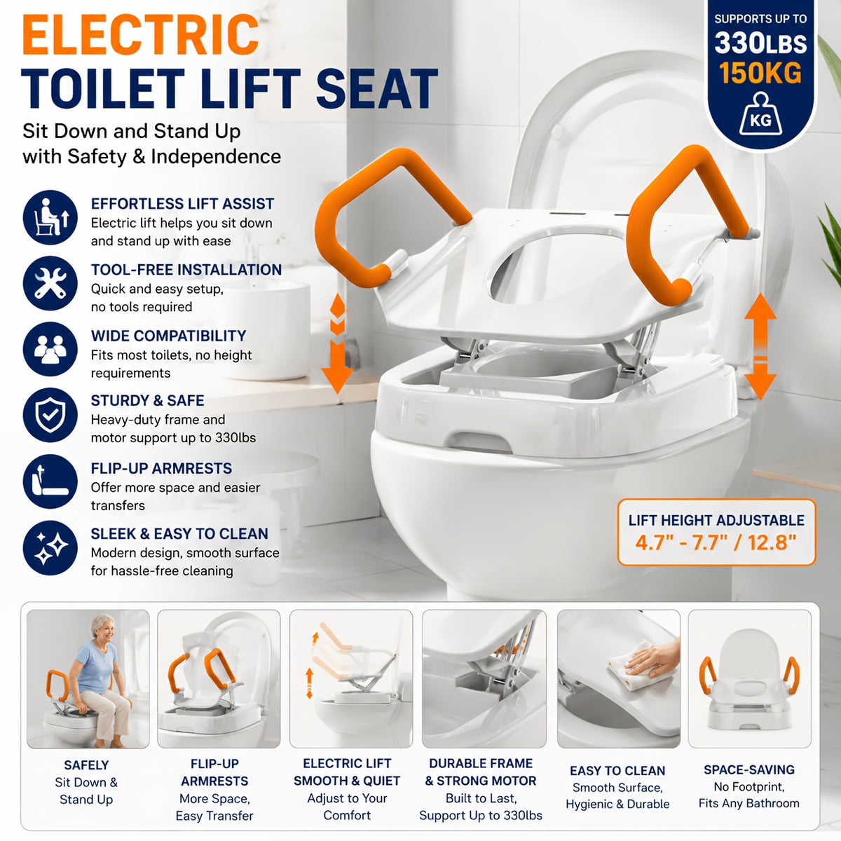 [For Elderly] Electric Raised Toilet Seat, Electric Toilet Seat Lift, Powered Toilet Seat Riser with Handles, Toilet Lift Seat for Elderly, Support Up to 330LBS