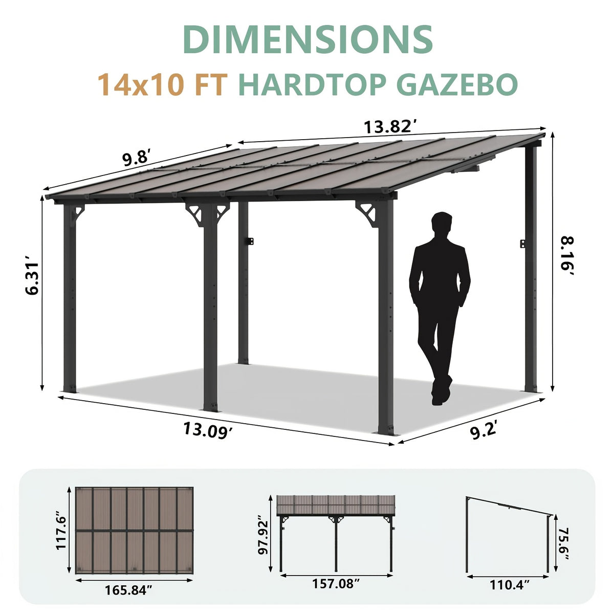 8 X 5FT, 8 X 6FT, 8 X 10FT, 12 X 10FT, 14 X 10FT, 16 X 10FT, 20 X 10FT Hard Top Gazebo Pergola Kit - Wall Mounted Lean-To Aluminum Alloy Awning with Canopy Roof, All-Weather Outdoor Cover for Patio, Backyard, Deck (Multi-Size Selection)