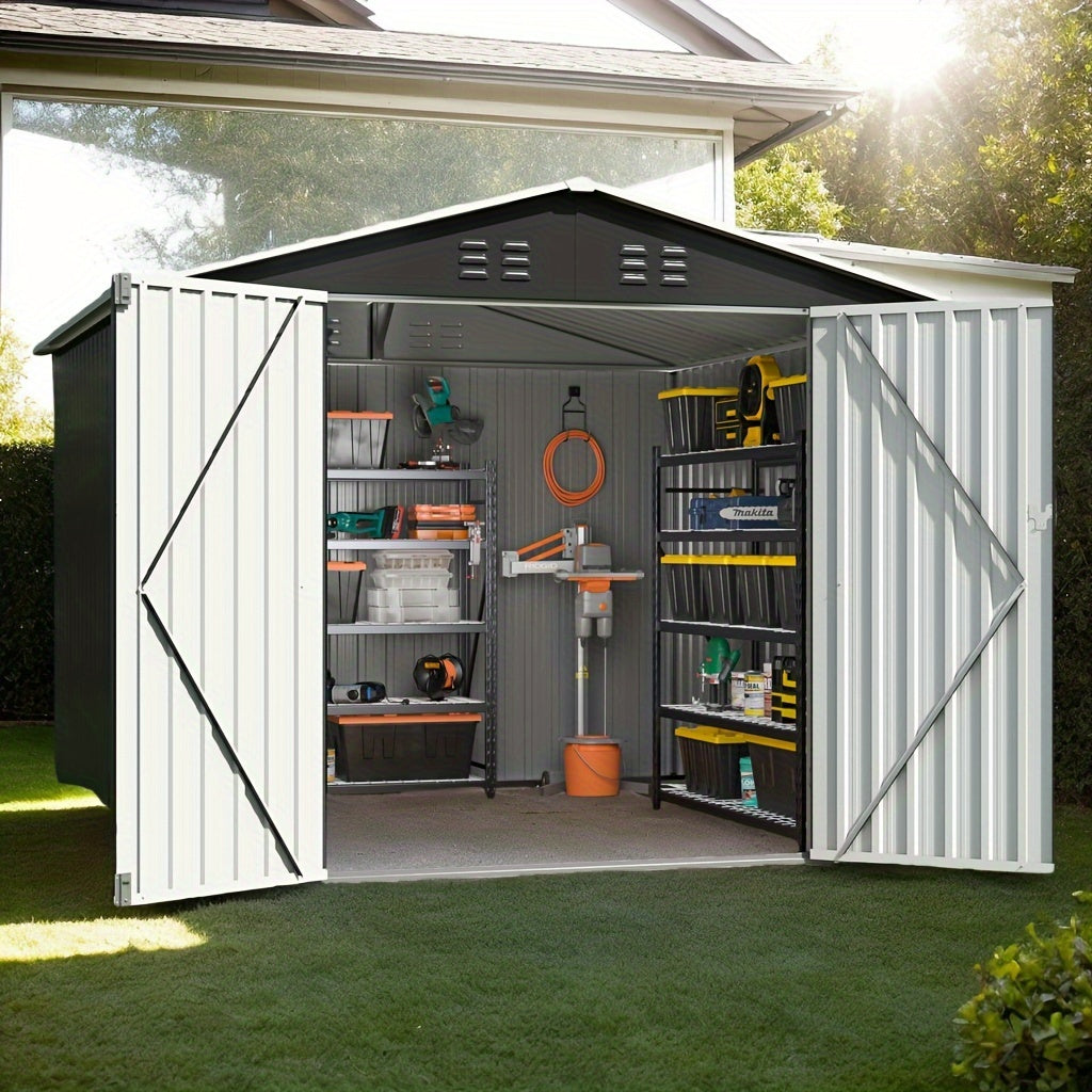 8x8 FT Storage Shed, Large Metal Tool Sheds With Lockable Doors, Outdoor Storage Shed For Backyard Garden Patio Lawn, Grey